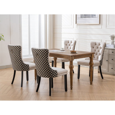 Chaises de salle à manger classiques en velours, chaise de salle à manger rembourrée en velours haut de gamme avec pieds en bois cloutés, ensemble de 2, beige et à motifs