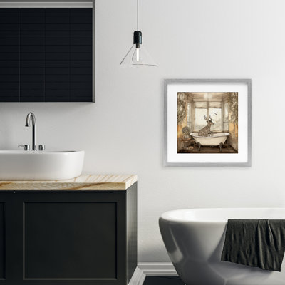 «Buck with Antler Bath Time», reproduction encadrée sous verre, conception de Sasha