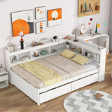 Bed Frame with Built-in L-Shaped Bookshelves & 2 Storage Drawers – Space-Saving Modern Platform Bed, Solid Pine Wood Construction, Minimalist Design