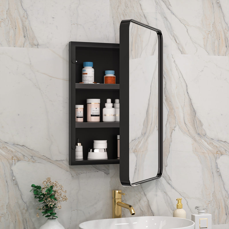 Gervon Rectangle Recessed Medicine Cabinet with Adjustable Shelves, 26" H x 20" W x 5" D, Black