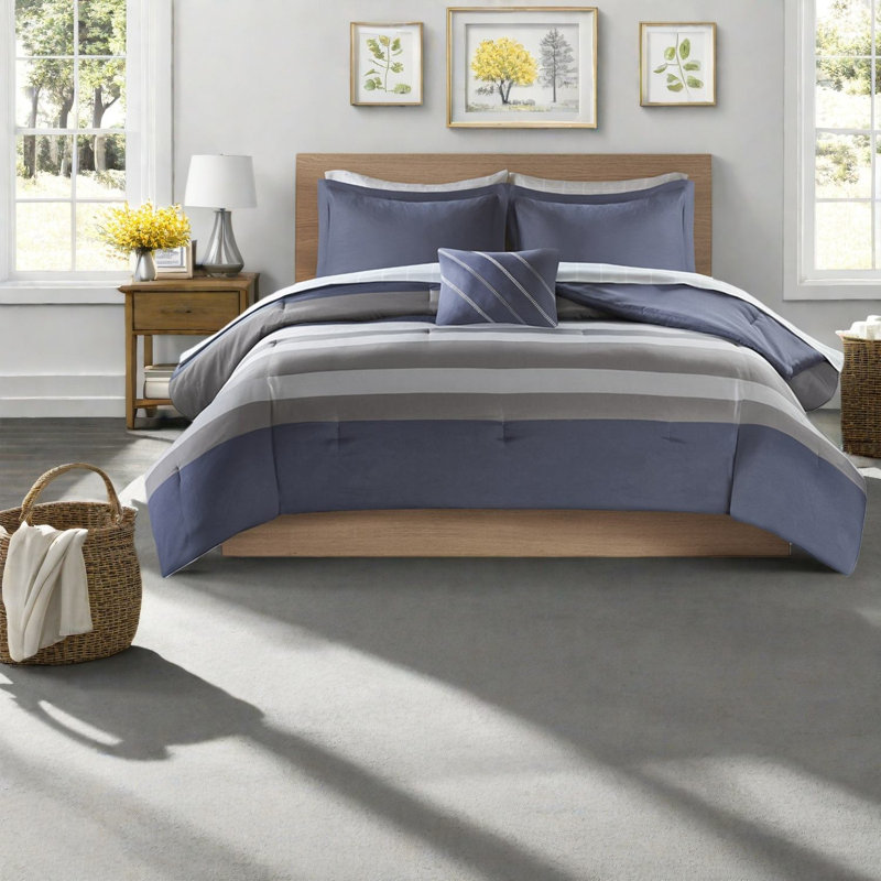 Complete Twin Bedding Sets, Polyester Blue Grey Striped Modern Home