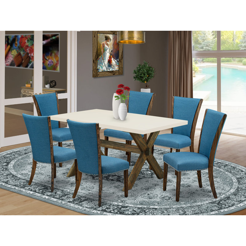 7 Piece Dinette Set Consist of a Rectangle Dining Room Table with X-Legs and 6 Blue Color Linen Fabric Parson Dining Chairs, Distressed Jacobean