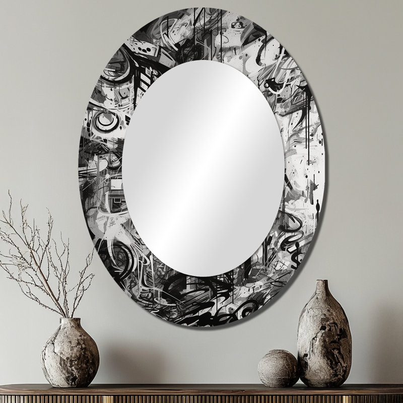 Noir et blanc graffiti cosmique II - miroir décoratif ovale abstrait sur métal, 40 po x 30 po