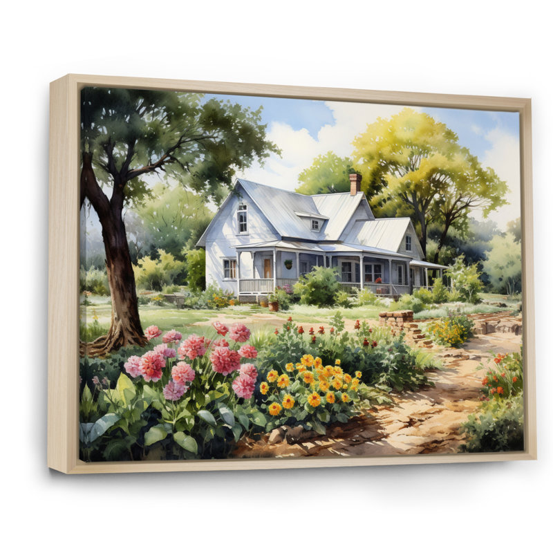 Farmhouse Frontyard Oasis I - Décoration murale de ferme, H 30 po x l 40 po x P 1,5 po, Cadre flottant érable