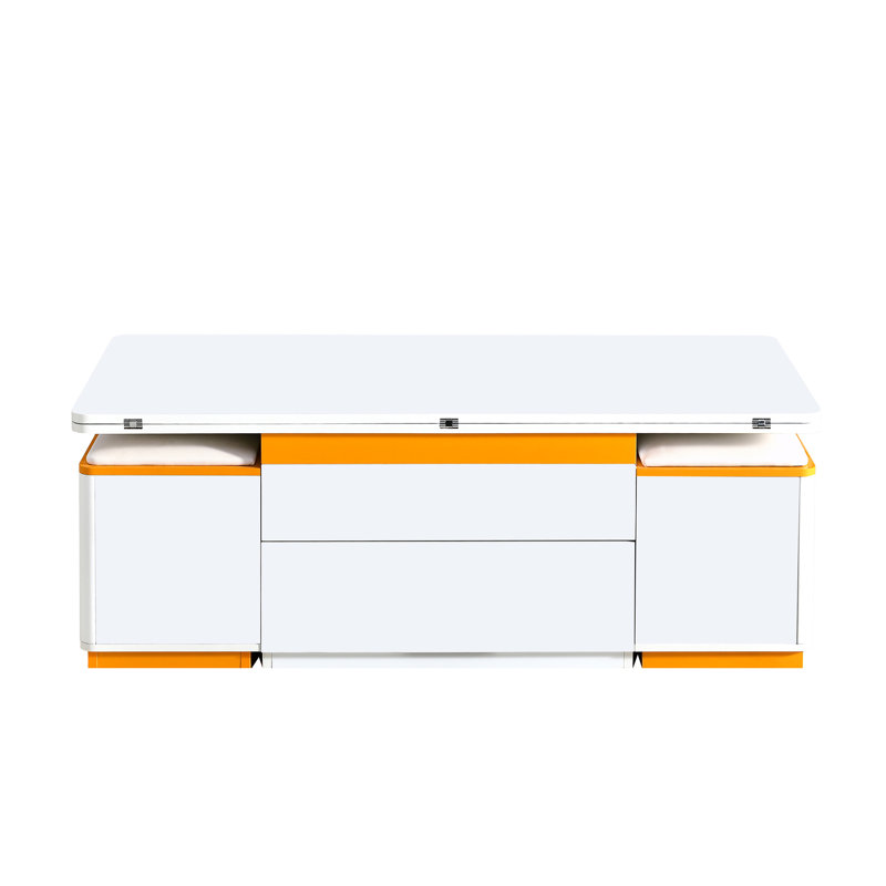 Élégante table basse à plateau relevable avec 4 tabourets de rangement, palette de couleurs blanche et dorée, 3 configurations pour une finition moderne ultra-brillante et relaxante, modes repas de famille au bureau