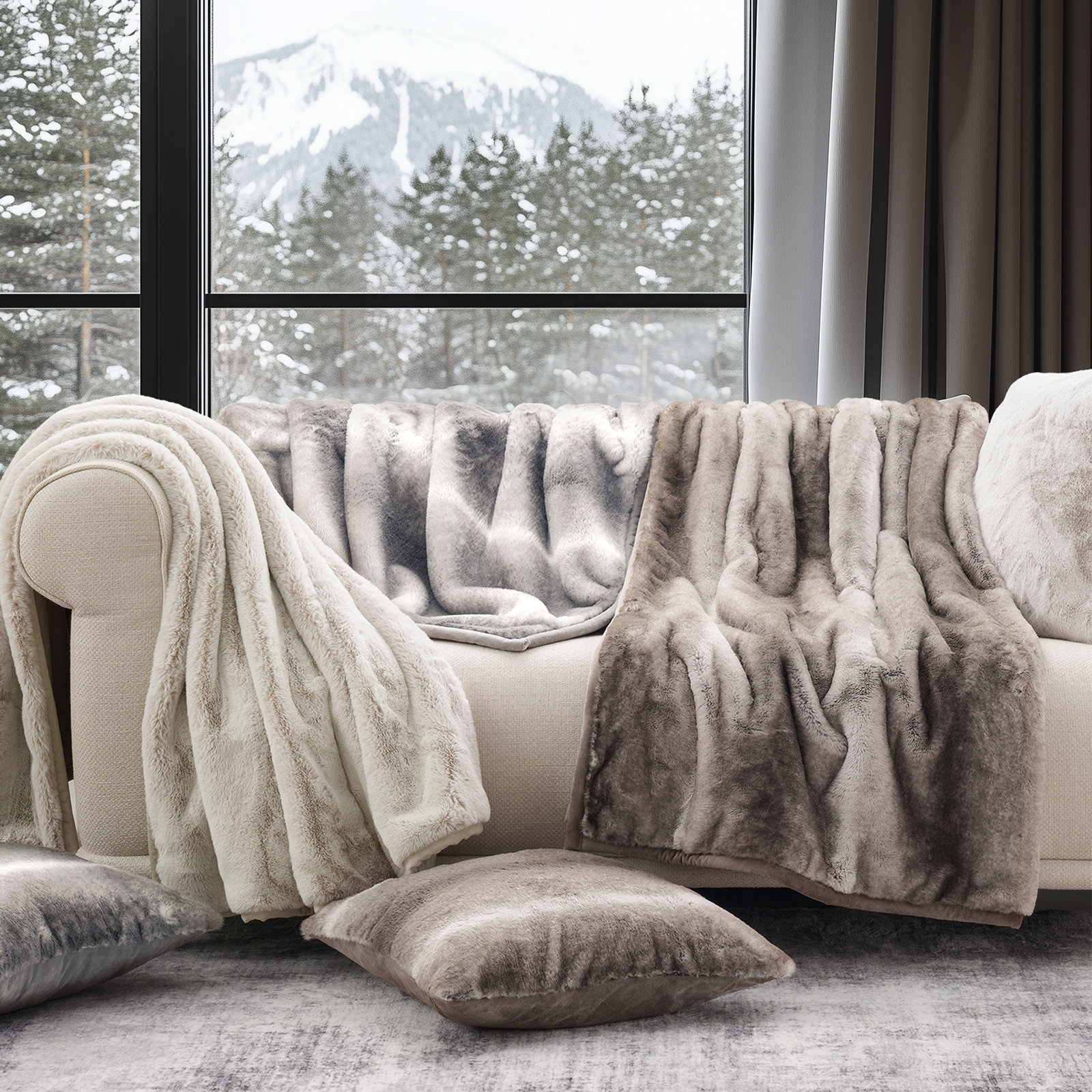 Luxury Mink Faux Fur Throw Blanket, 60" W x 80" L, Tipped Champagne Ivory