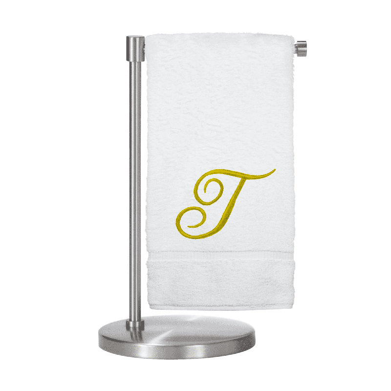Serviettes de bain monogrammées - ensemble de 1 - lettre en script, T, Blanc / Doré