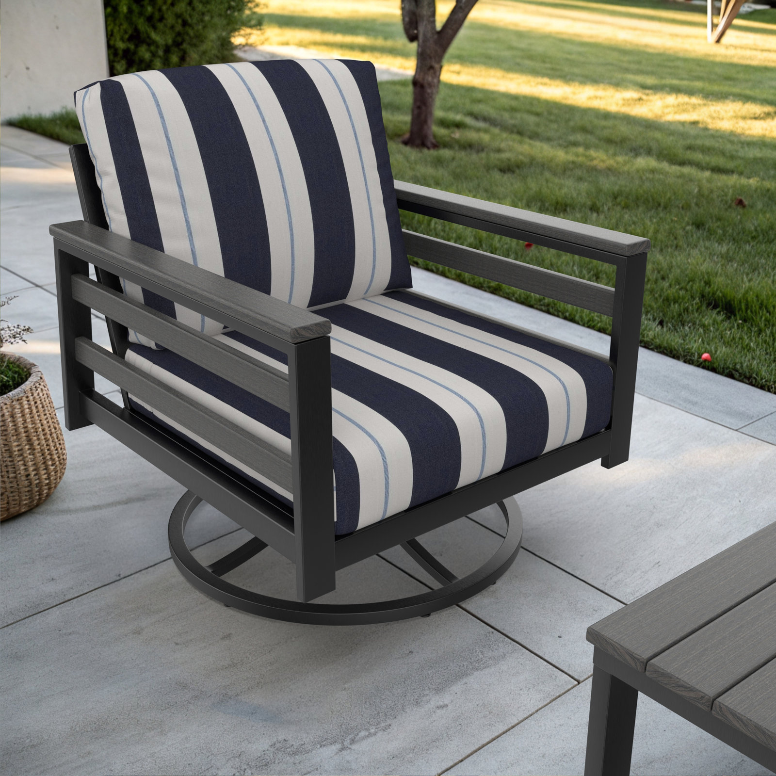 Townsend Sunbrella® Metal Swivel Patio Rocking Chair, Gray, Sunbrella Relate Harbor
