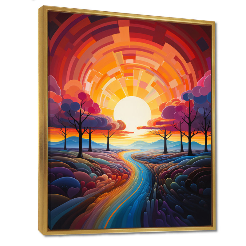 «Geometric Sunset Colorful Country Road - Forest», art mural, H 40 po x l 30 po, Cadre doré flottant, bois massif