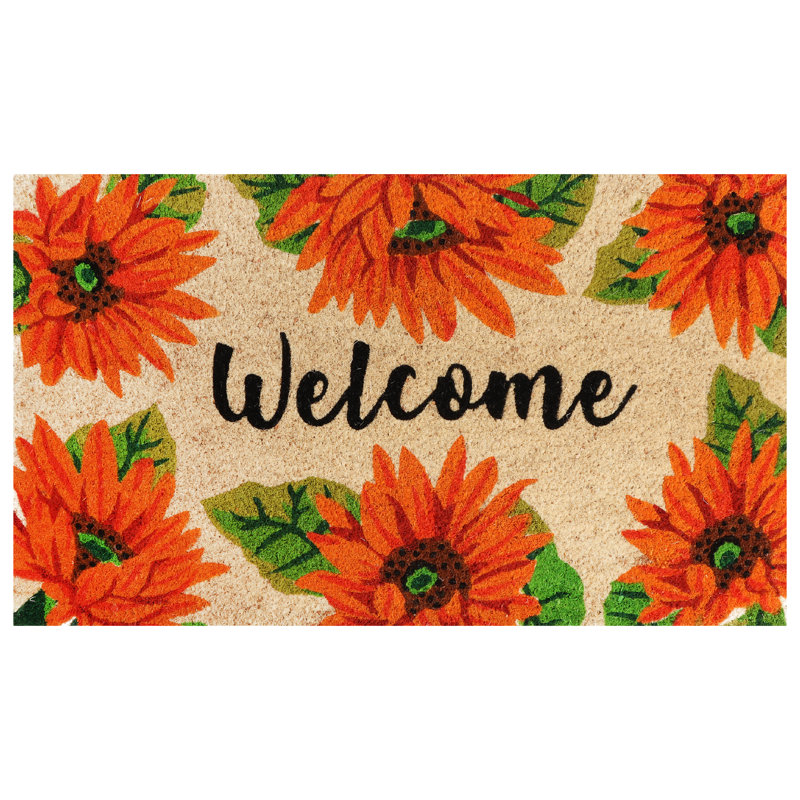 Tapis de porte en coco naturel avec envers en PVC Courtlynn, orange tournesol, 18 po x 30 po, intérieur / extérieur antidérapant