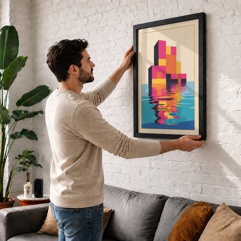 Floating Blocks Reflected Modern - Print, Unframed, A4 - 29.7 x 21.0 cm