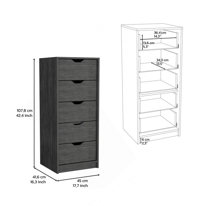 Commode étroite à 5 tiroirs, commode de rangement, chambre à coucher, chêne fumé 42H, Chêne