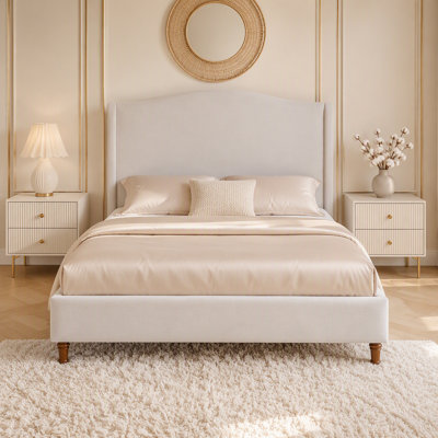 Hannah Upholstered Wingback Bed, King Size, 54" Headboard, Ivory Textured Canvas, Minimalist