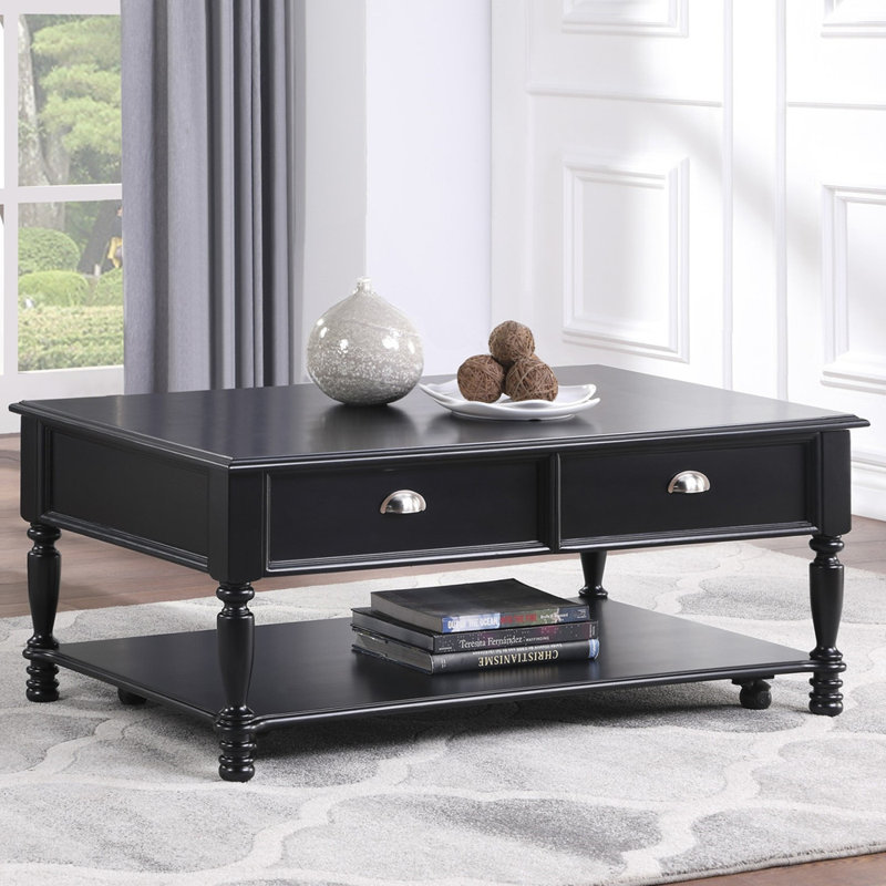Table basse élégante avec design classique et finition noire avec roulettes et plateau inférieur