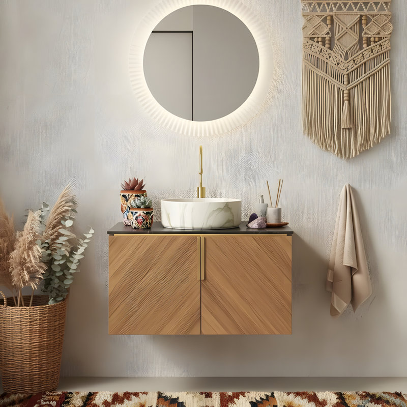 Meuble-lavabo mural 30 po avec portes doubles et lavabo rond à motif de pierre blanche, 30"