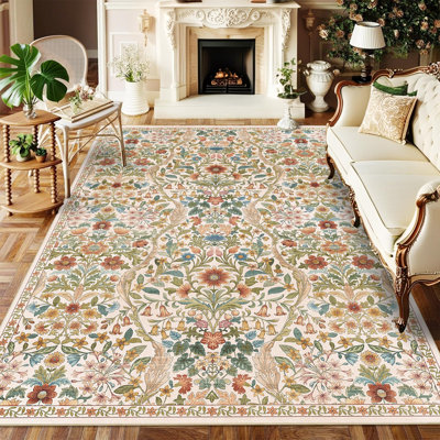 Washable Area Rug - Vintage Boho Botanical Low-Pile Rug