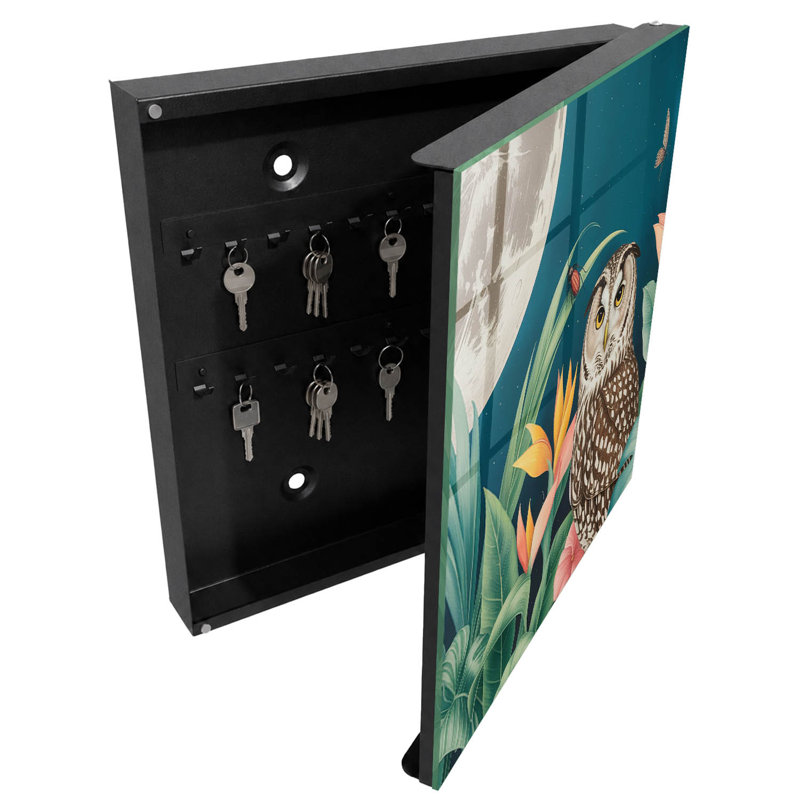 Decorative key box for wall, Opens to the right, 30x30x5, White, Owl and tropical plants at night, 