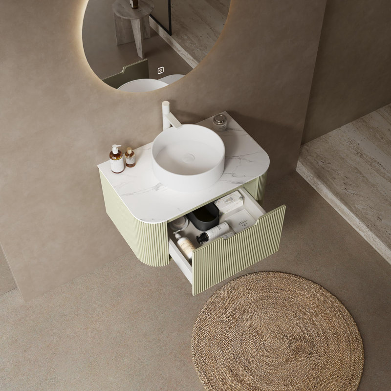 Meuble-lavabo flottant mural moderne 30 po avec lavabo rayé en céramique blanche
