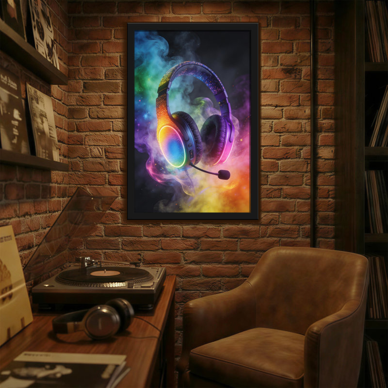 Casque coloré tendance avec fond arc-en-ciel et fumée, H 24 po x l 16 po