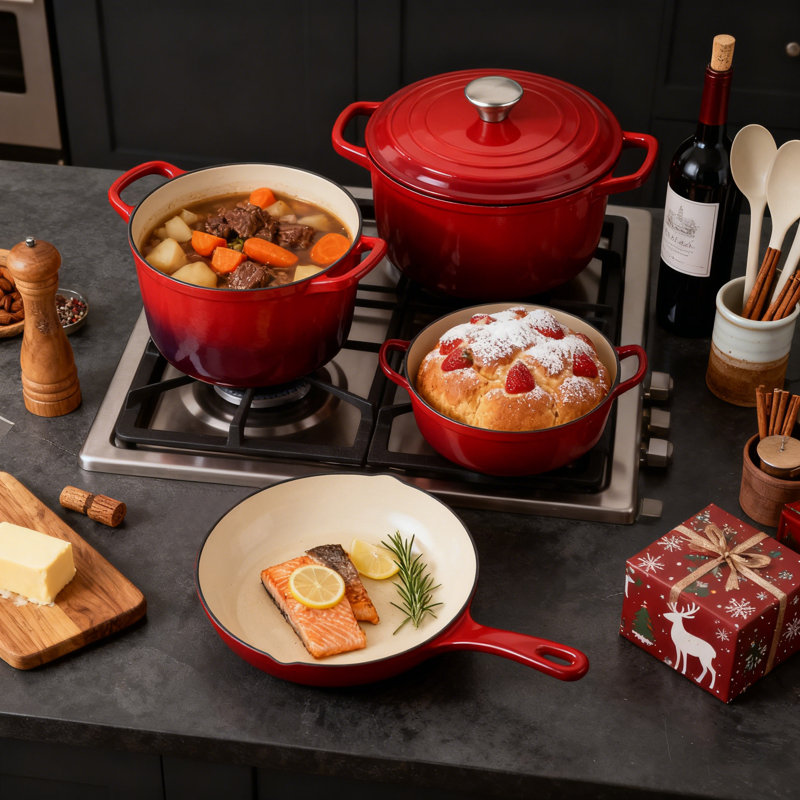 7 - Piece Cast Iron Cookware Set, Red