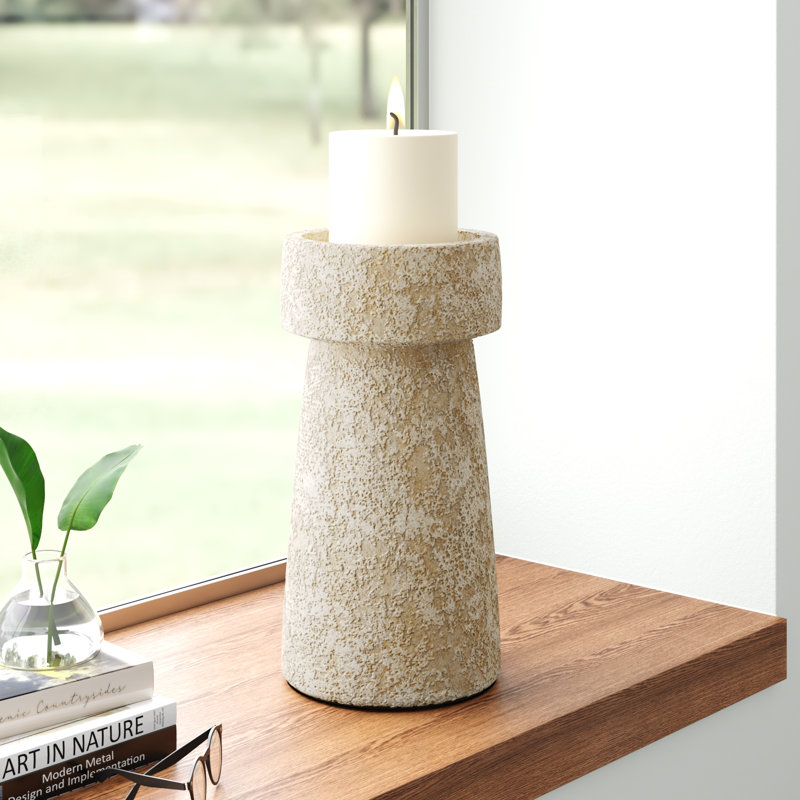 Raul Ceramic Tabletop Tealight Holder, Rustic Sand, 7.8" H x 3.9" W x 3.9" D
