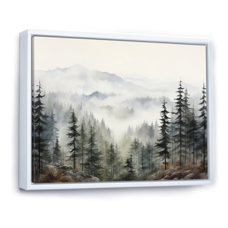 «Pine Misty Mountain II» sur toile, H 34 po x l 44 po, Reproduction avec cadre flottant, Blanc