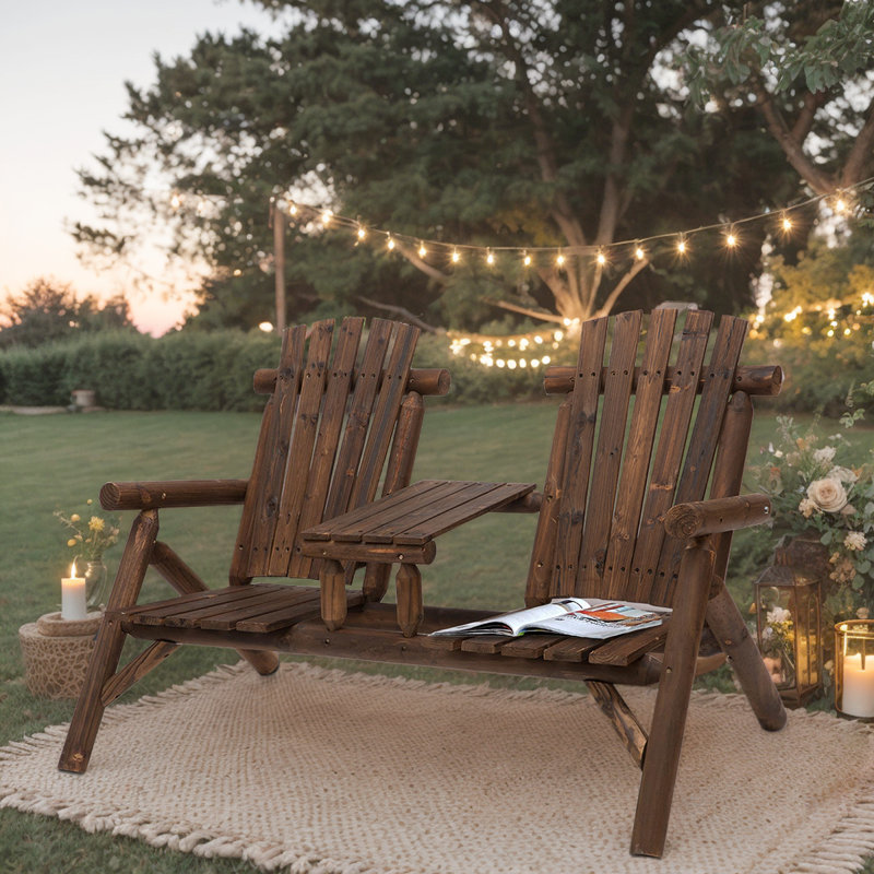 2-Seat Wooden Adirondack Loveseat With Table - Stylish Patio Bench For Deck And Outdoor Gatherings, Brown