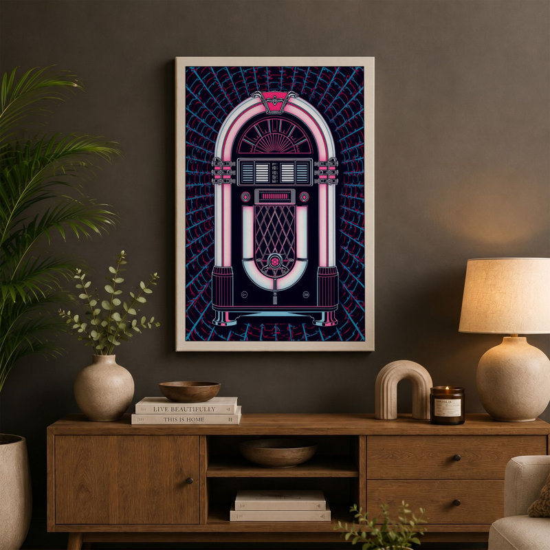 Neon Jukebox Retro - Wrapped Canvas, 18x12 - 45.7 x 30.5 cm, Teal Border