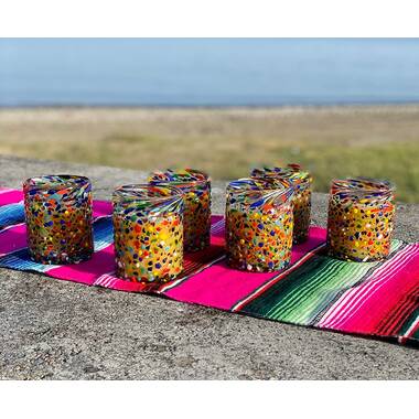 Mexican Hand Blown Glass – Set of 4 Hand Blown Margarita Glasses Confetti  Rock (16 oz)