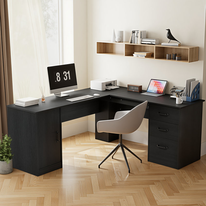Arpan 60" L-Shaped Executive Desk with Drawers, Wood Home Office Corner Desk with Storage Cabinet, Black