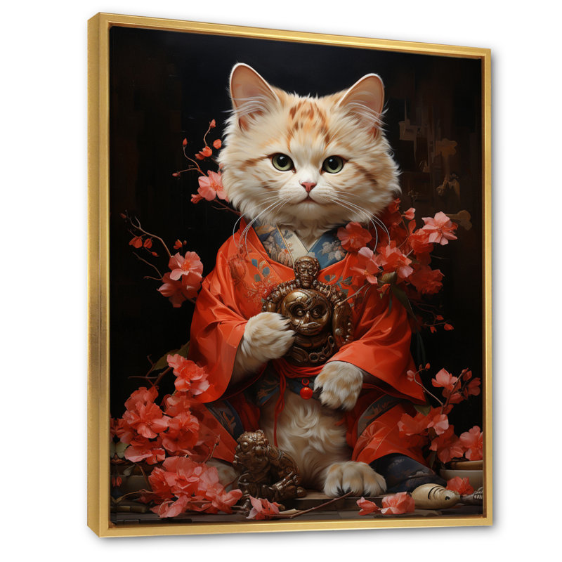 Ouzay, Japon, art ondulant Manekineko I, Cadre flottant doré, H 20 po x l 12 po x P 1 po