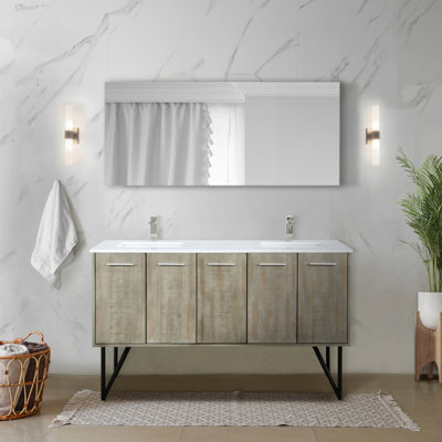 Meuble-lavabo double en acacia rustique 60 po X P 20 po D, avec plateau en marbre de culture