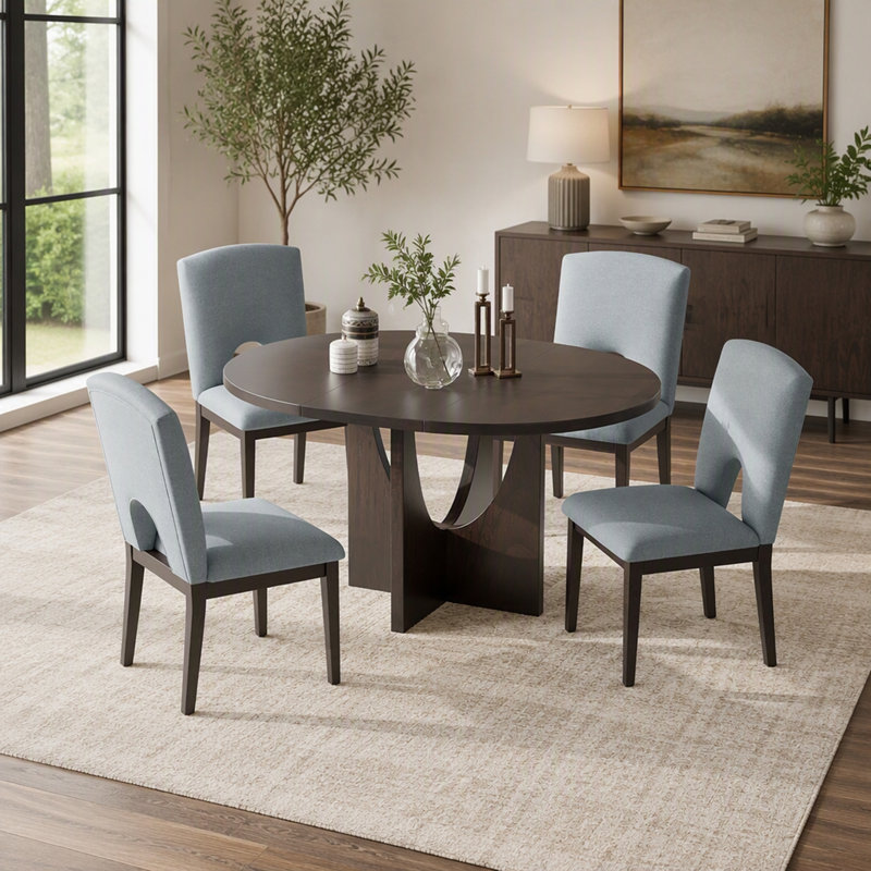 Ensemble de salle à manger rond extensible moderne de 5 pièces avec rallonge amovible de 41 cm (16,2 po), idéal pour les petits espaces.