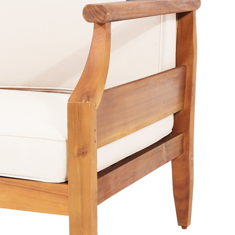 Folkston Mid-Century Modern Acacia Wood Outdoor Conversation Set With Water-Repellent Cushions, Cream