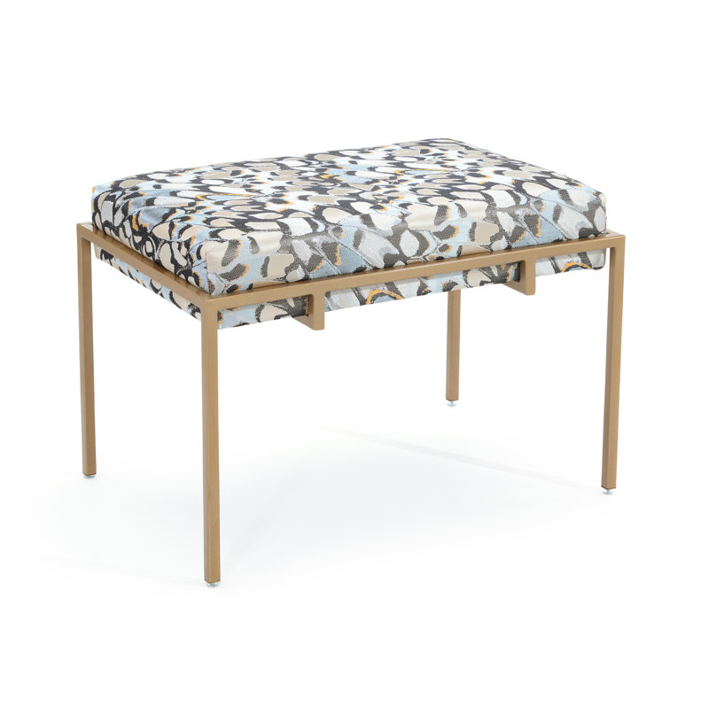 Metal Silver Upholstered Bench, White/Blue Abstract