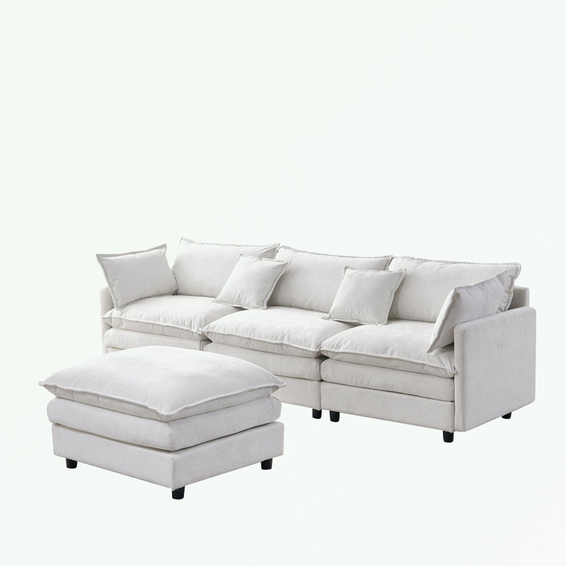 L Shape Chenille Fabric Sectional Sofa with Ottoman, Beige Chenille