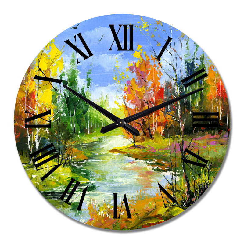 Autumn Landscape with River Under A Blue Sky - Country Wall Clock, Medium