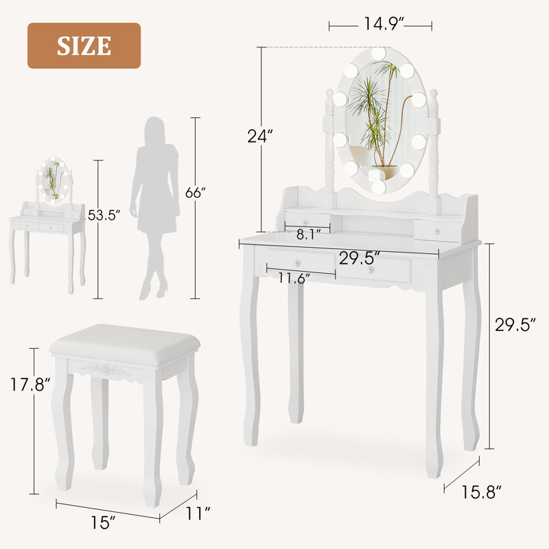 Makeup Vanity Set With 360° Rotating Led Lighted Mirror, 4 Drawers Dressing Table With Cushioned Stool For Bedroom & Bathroom