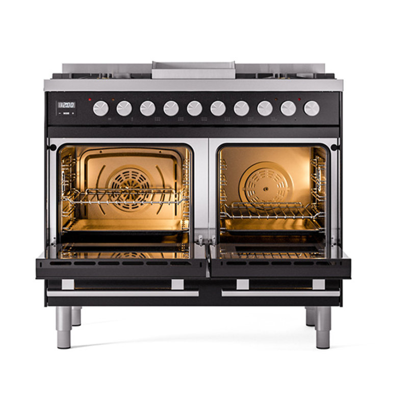 Cuisinière ILVE Professional Plus II Series 40 pouces à double combustible avec 6 brûleurs scellés et plaque de cuisson (noir brillant)