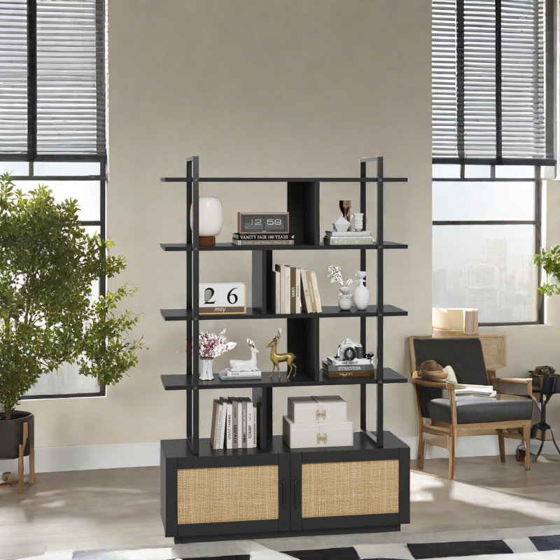 Bibliothèque 71,1 pouces de haut à 5 niveaux en rotin avec armoire de rangement et porte, Noir, noir, noir, noir