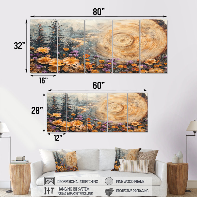 Ayling - Art mural fleurs sauvages - Art mural traditionnel sur toile 5 pièces, H 32 po x l 80 po