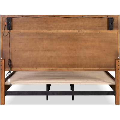 Mid-Century Modern Queen Size Bed W Storage Drawers Walnut Solid Wood Upholstered Hb Reading Light Bedroom Furniture