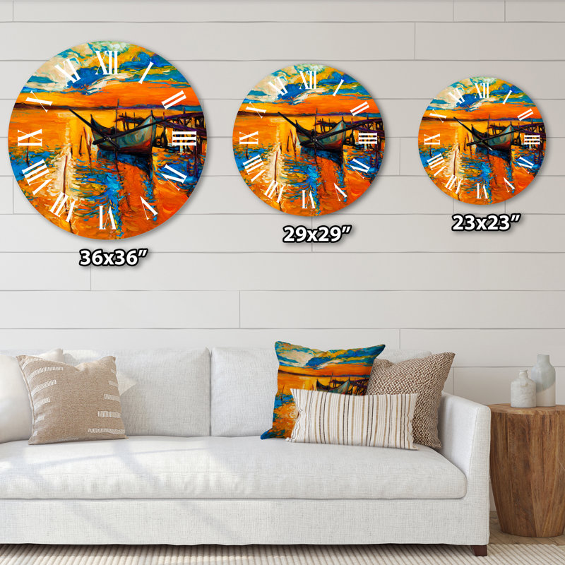 Bateau pendant la soirée, lueur au lac VII - horloge murale nautique et côtière, Grand