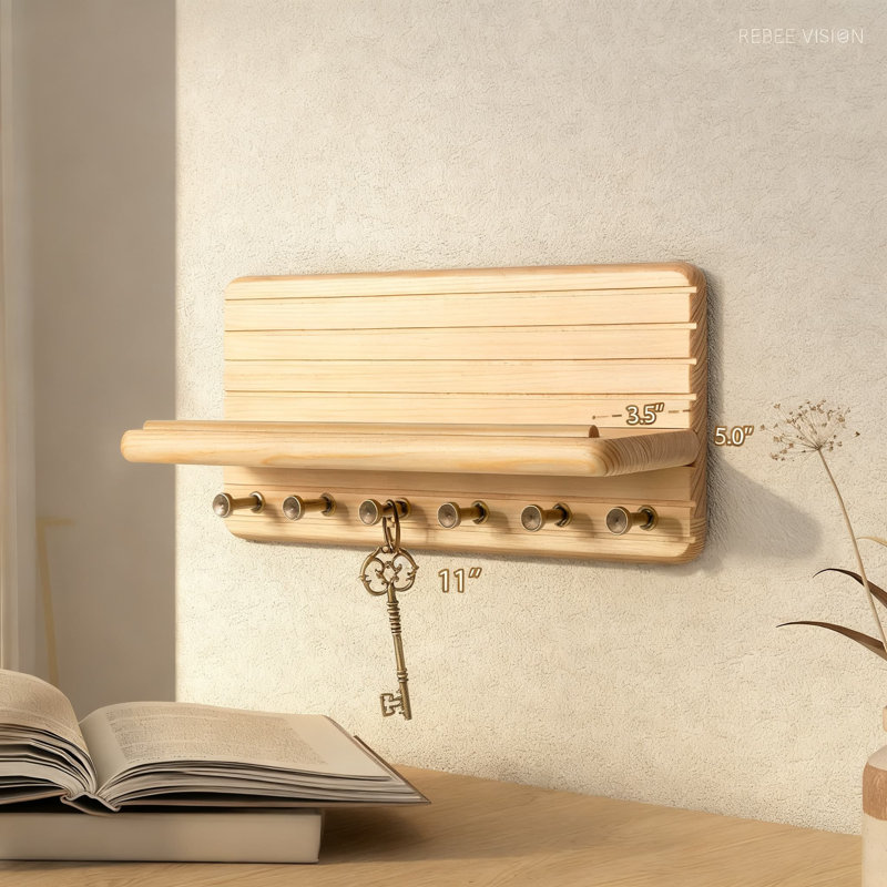 Porte-clés maison de campagne avec tablette flottante, organisateur mural en bois de pin rustique avec 6 crochets pour le hall d'entrée, le salon et la chambre