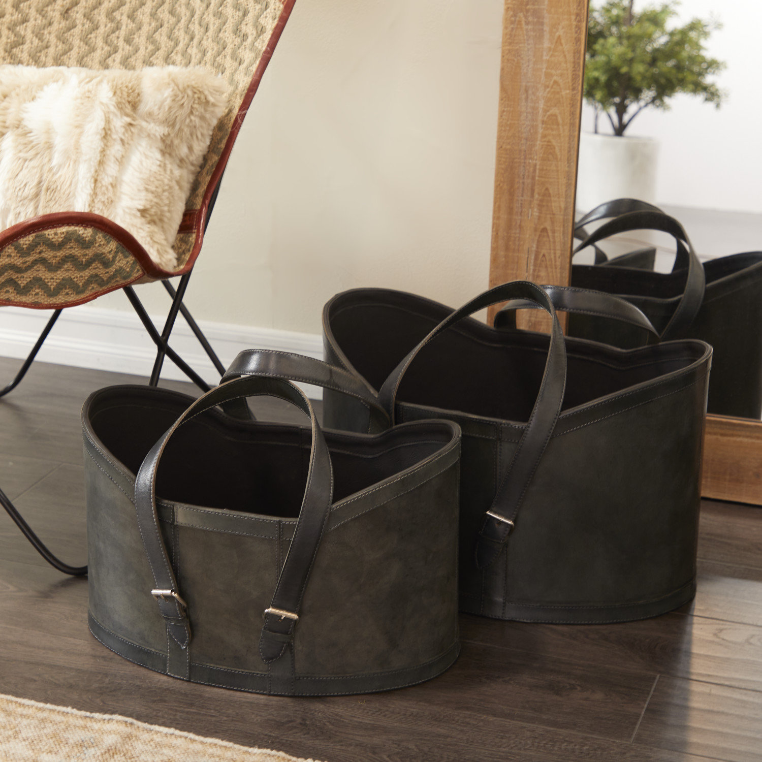 Handmade Genuine Leather Storage Bin Set, Dark Gray