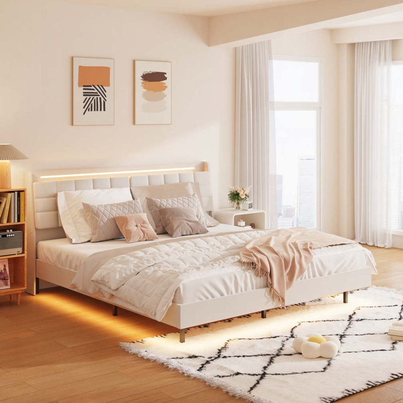 Lit plateforme, base de lit en métal avec station de charge, aucun sommier nécessaire (beige), silencieux, facile à assembler.