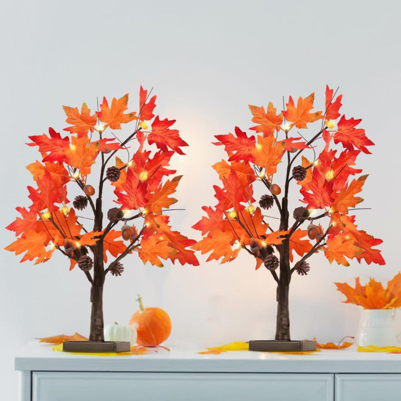 Fall Decorations For Home, 2 Pack 24”/2FT Lighted Fall Maple Leaves Tree With Warm White Leds Autumn Decor, Pumpkin Lampshade, Pine Cone, Acorn Ornaments Battery Powered Timer For Thanksgiving