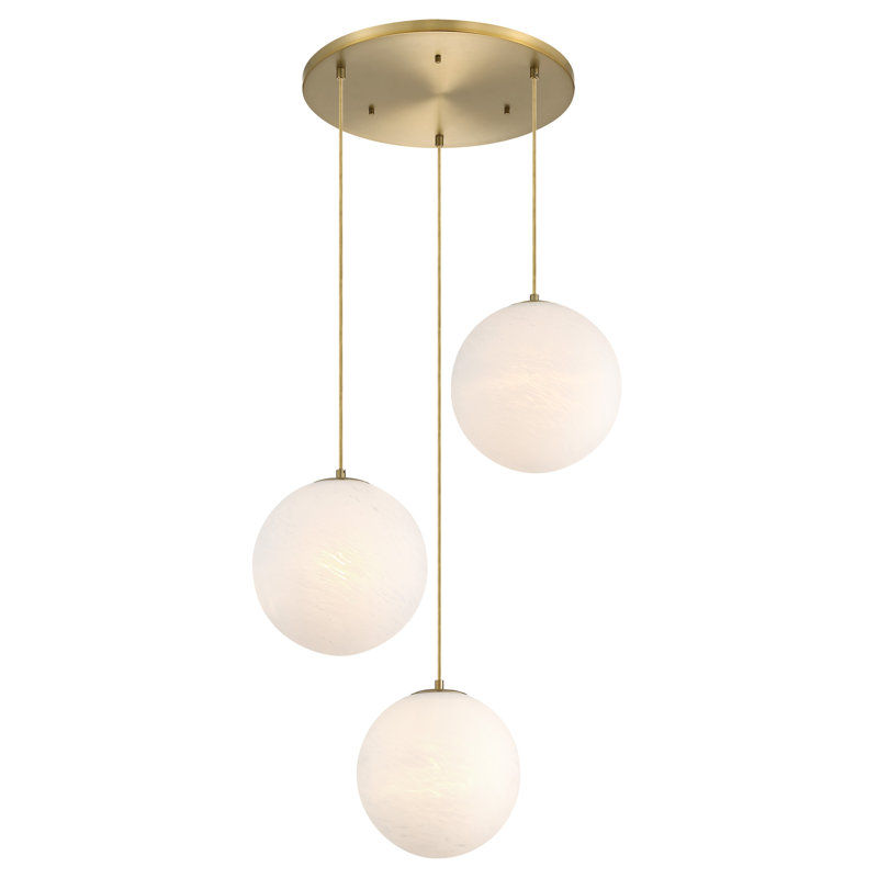 Trina 3-Light Brushed Gold Modern Globe Chandelier for Entryways with Mixed-Size Etched Cloud Glass Shades