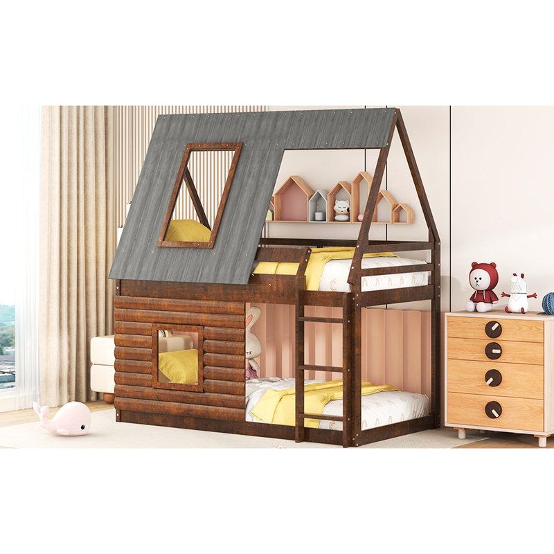 Lit superposé simple avec toit et 2 fenêtres - Chêne et gris fumé, fabrication en bois pour la chambre à coucher