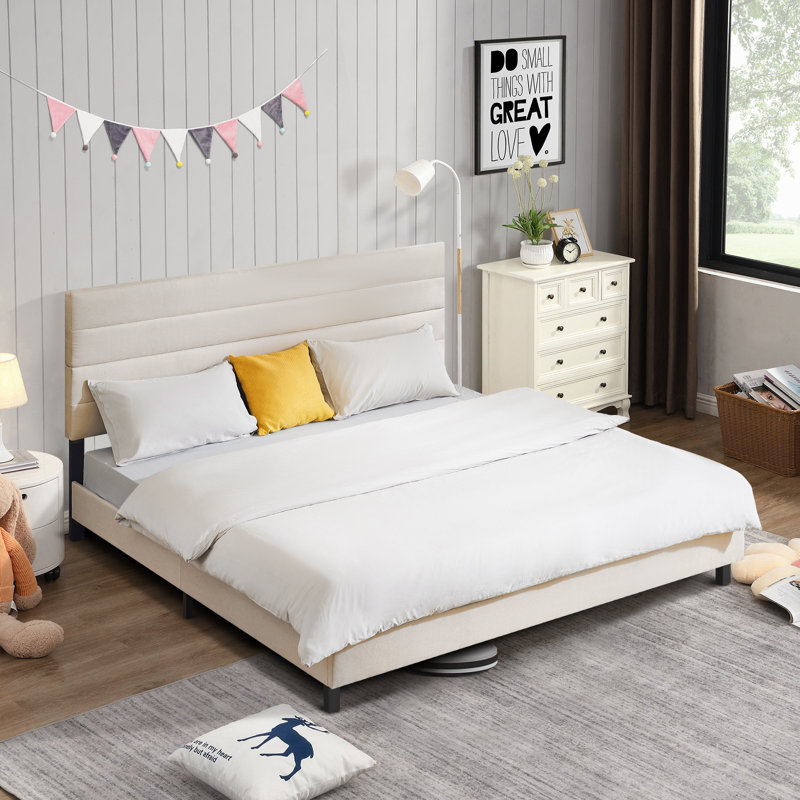 Lit plateforme tapissier Yeudiel, Grand lit, Beige